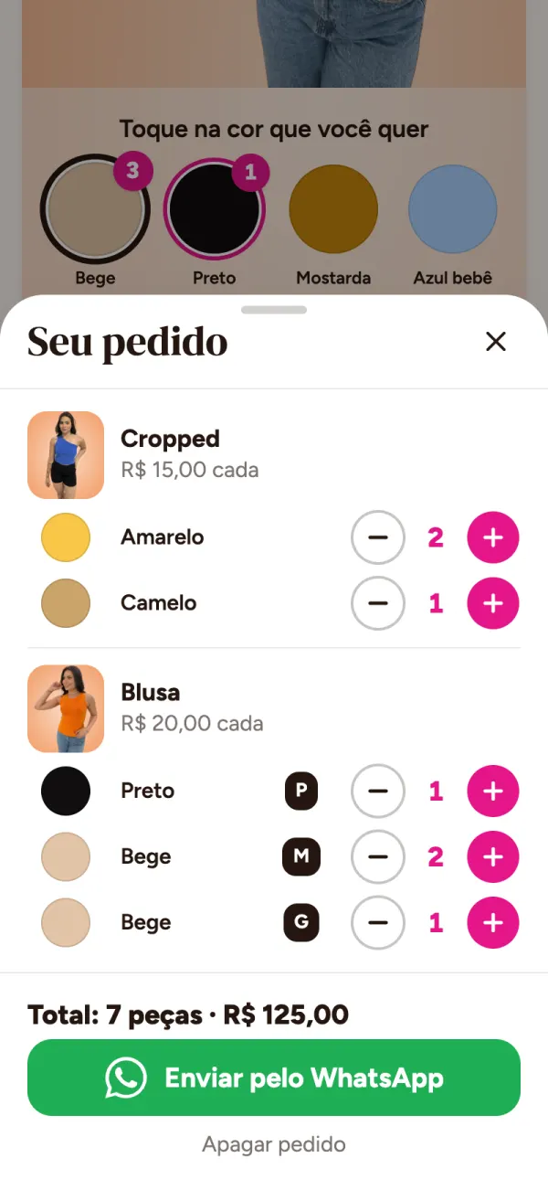 Resumo do pedido com a foto de cada peça, as cores, os tamanhos, o total e o botão Enviar pelo WhatsApp