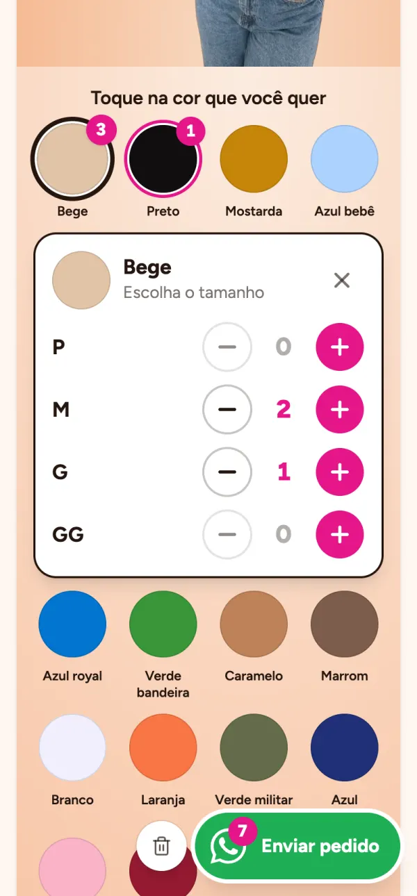 Vitrine no celular: a cor Bege está aberta, com os tamanhos P, M, G e GG e botões de menos e mais