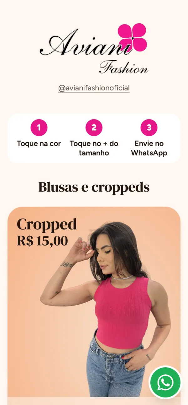Topo da vitrine da Aviani Fashion, com o logo da loja e os passos: toque na cor, toque no mais do tamanho, envie no WhatsApp